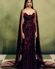 Gilded Carmine Corset & Skirt Set With Cape Drape