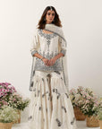 Ivory Mirror & Resham Embroidered Kurti Paired With Gharara & Dupatta