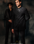 Black Ruched Bandhgala With Cutdana And Swarosvki Embroidery