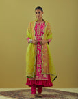 Fuschia Kurta Set With A Crinkled Kalidar Inner And Dupatta