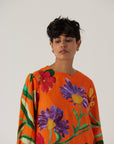 Big Botanical Orange Linen Short Dress