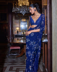 Navy Blue Floral Crystal Saree