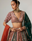 Cranberry Multicolor Linear Flower Lehenga Set With Double Dupatta
