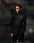 Black Ruched Bandhgala With Cutdana And Swarosvki Embroidery