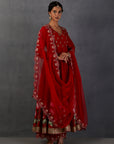 Red Chanderi Printed Embroidered Anarkali Set