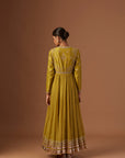 Olive Tissue Anarkali Paired With Churidaar And Dupatta