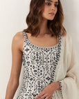 Ivory Strappy Short Kurti Paired With Gharara & Dupatta
