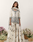 Ivory Mirror & Resham Embroidered Kurti Paired With Gharara & Dupatta