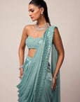 Powder Blue Satin Draped Saree Set