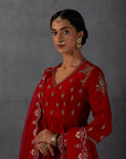 Red Chanderi Printed Embroidered Anarkali Set