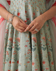 Aqua Dupion Printed & Emb. Anarkali Set