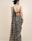 Creme Ivory - Blue Printed Saree Set
