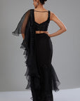 Black Crepe & Organza Draped Ruffled Saree