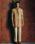 Saffron Kashida Open Jacket with Short kurta and Trouser set