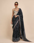 Ivory - Midnight Blue Chevron Saree Set