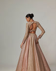 Deep Beige Multicolor Skirt With V Neck Full Sleeve Blouse
