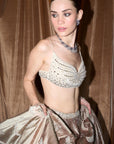 The Wild Matsya Champagne on Silk Lehenga