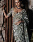 The Silent Waterlillies Aquamarine Tissue Saree