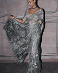The Silent Waterlillies Aquamarine Tissue Saree