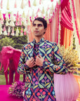 Blue Silk Embroidery Floral and Leaf Printed Jacket Kurta Set