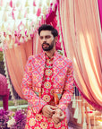 Red Silk Floral Print Jacket and Kurta Set