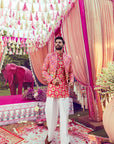 Red Silk Floral Print Jacket and Kurta Set