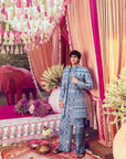 Blue Linen Embroidery Jacket & Kurta Set