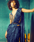 Navy Blue Fringes Saree with Embroidered Corset