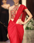 The Sunset Red Draped Saree - Ready to Ship