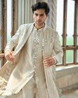 Beige Mirror Work Sherwani Set