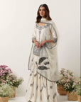 Ivory Mirror & Resham Embroidered Kurti Paired with Gharara & Dupatta - Ready to Ship