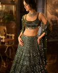 Dark Green Mirror Work Lehenga Set