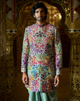 Sage Green Multi- Coloured Three-Dimenisonal Sherwani Set