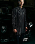 Black Abstract Open Sherwani Set