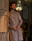 Stone Grey Mirror Work Sherwani Set