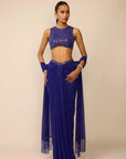 Cocktail Blue Sequins Embroidered Draped Skirt Set