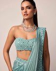 Powder Blue Satin Draped Saree Set