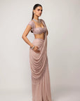 Ash Pink Sequins Embroidered Draped Saree Set