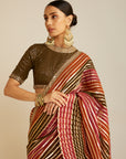 Pre Draped Olive Green Multicolor Saree Set