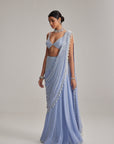Dew Blue Linear Mirror And Pearl Embroidered Draped Saree Set
