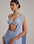 Dew Blue Linear Mirror And Pearl Embroidered Draped Saree Set