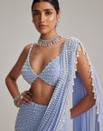 Dew Blue Linear Mirror And Pearl Embroidered Draped Saree Set