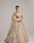 Light Beige Dense Mirror And Pearl Lehenga Set With Double Dupatta