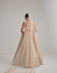 Light Beige Dense Mirror And Pearl Lehenga Set With Double Dupatta And Veil