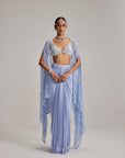 Dew Blue Cape And Satin Draped Skirt Set