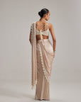 Light Beige Mirror And Pearl Satin Draped Saree Set