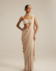Light Beige Mirror And Pearl Satin Draped Saree Set