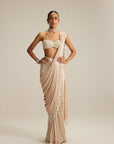 Light Beige Mirror And Pearl Satin Draped Saree Set