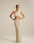 Light Beige One Shoulder Pencil Skirt Set.