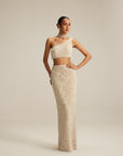 Light Beige One Shoulder Pencil Skirt Set.